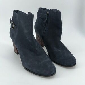 Cole Haan Suede Leather Ankle Booties Side Zip Stacked Heel 10.5 Navy Blue‎